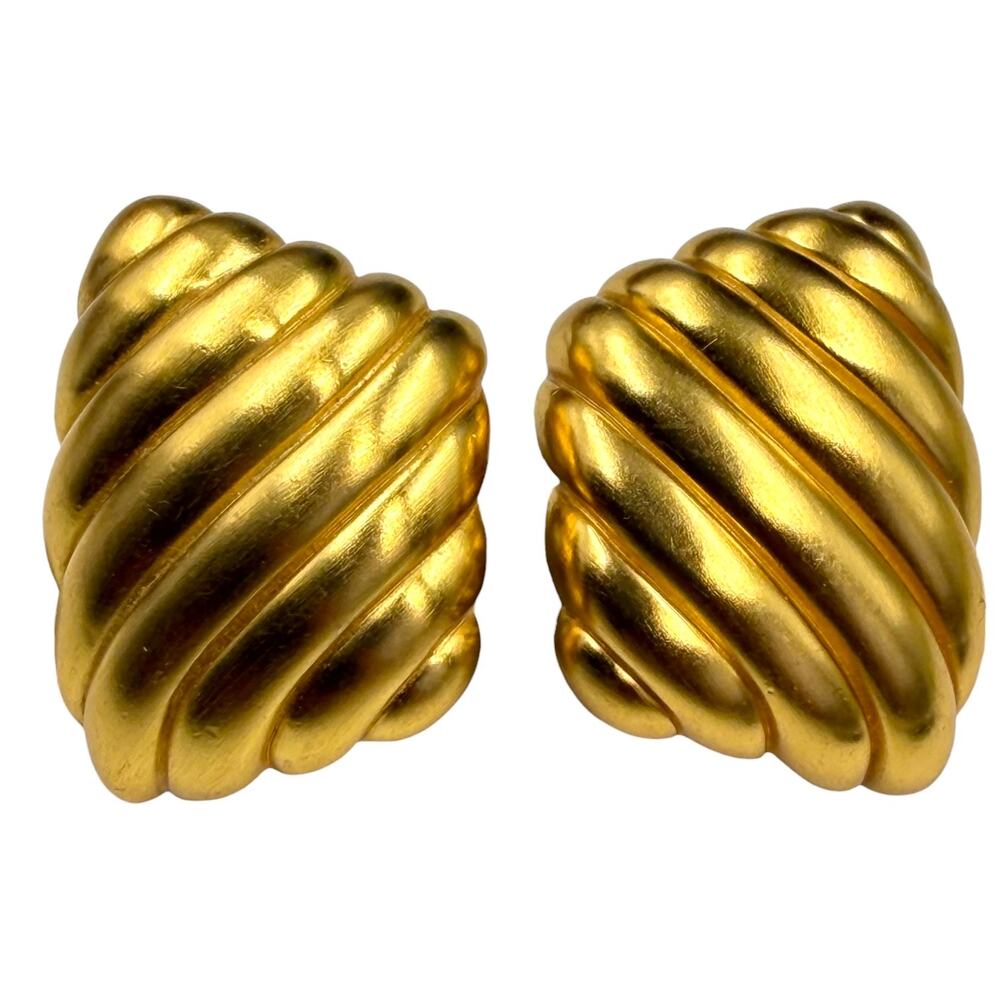 Vtg 80s Anne Klein Unsigned Matte Gold Ribbed Chunky Swirl Hoop Clip On Earrings